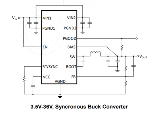 3.5V-36V Vin, 6A, High Efficiency Synonous Step-down DCDC Converter